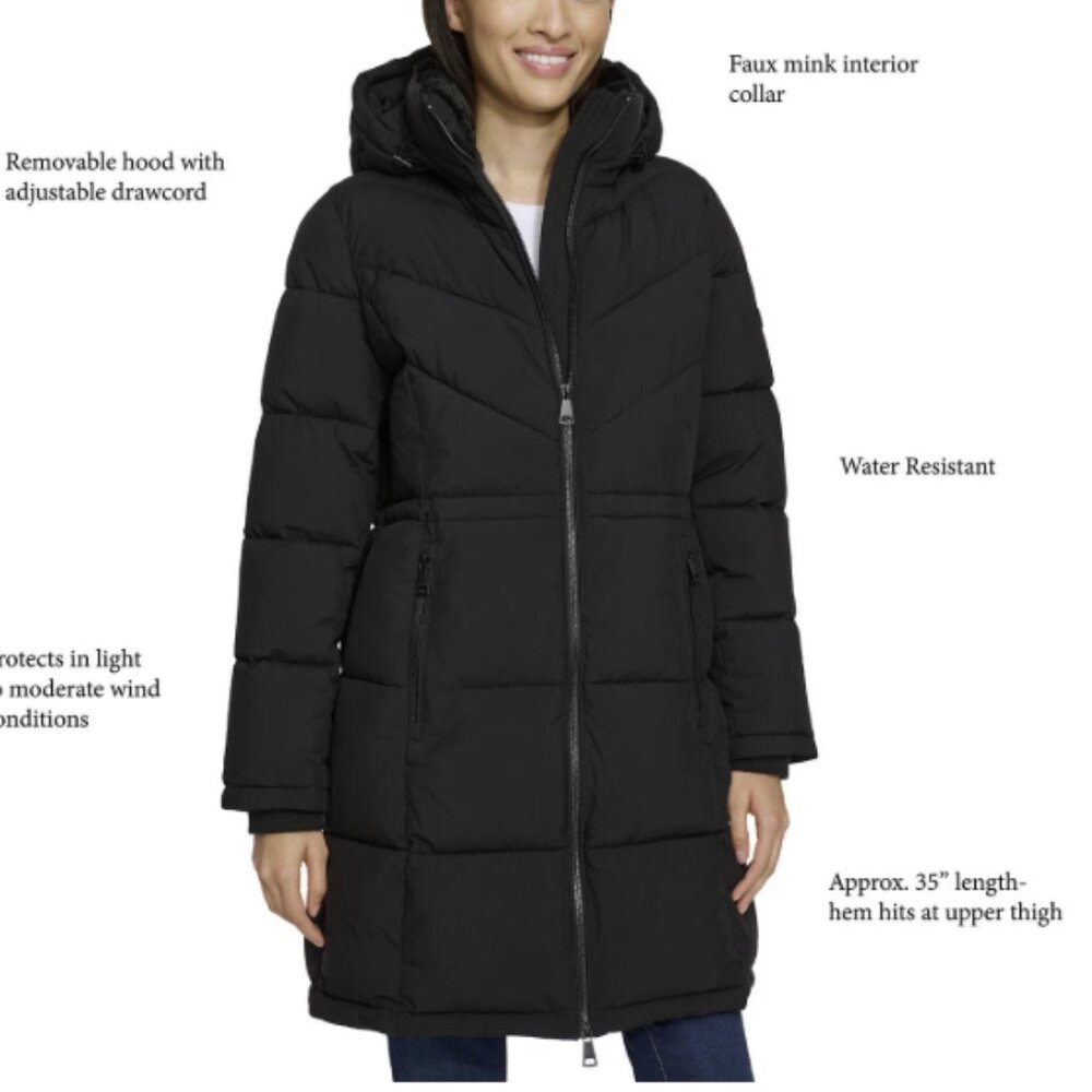 DKNY Women's Long Puffer Jacket Faux Fur Collar Removable Hood Size L Black NWT - Picture 3 of 15